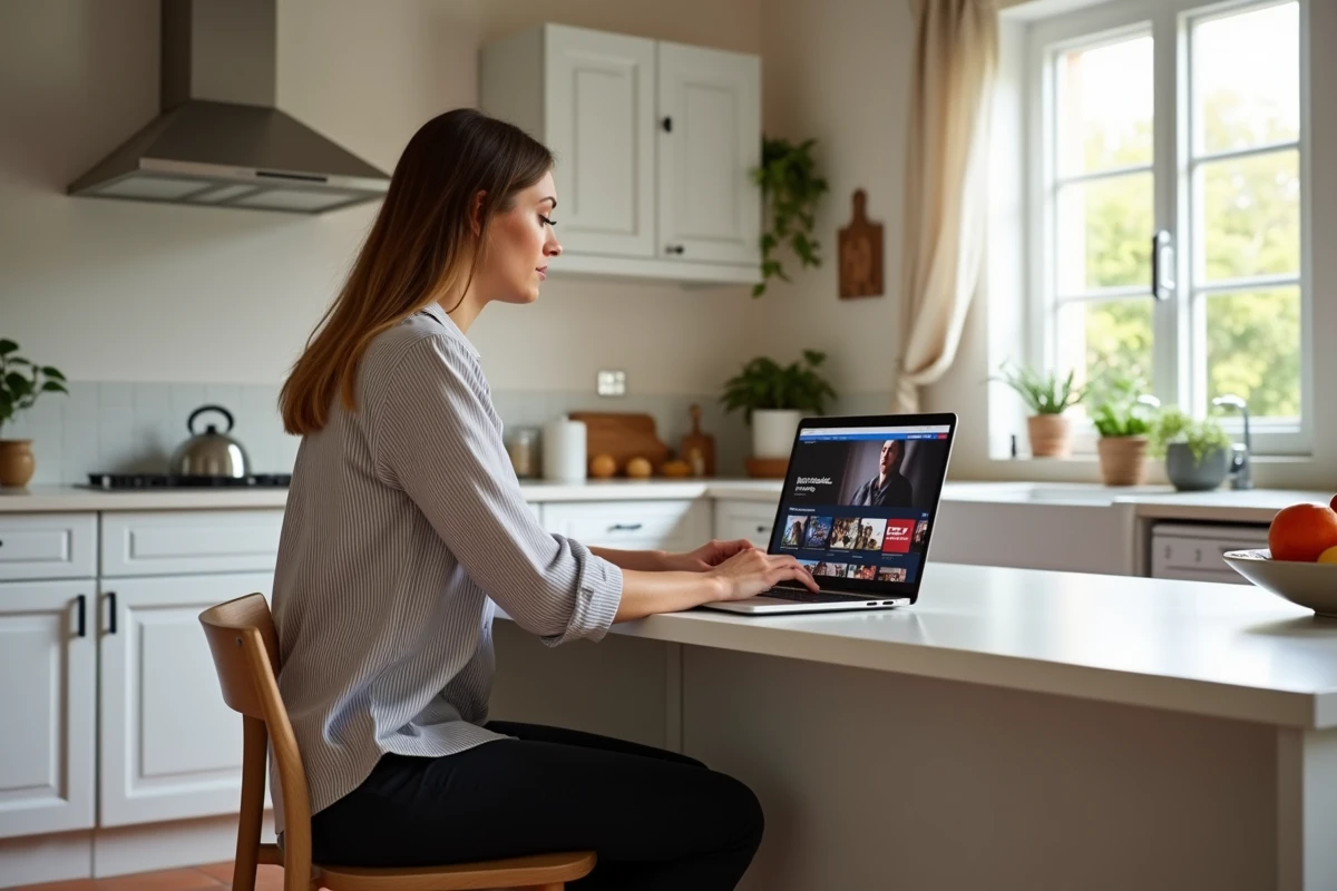 Femme regardant le site France TV sur son ordinateur portable dans une cuisine moderne française