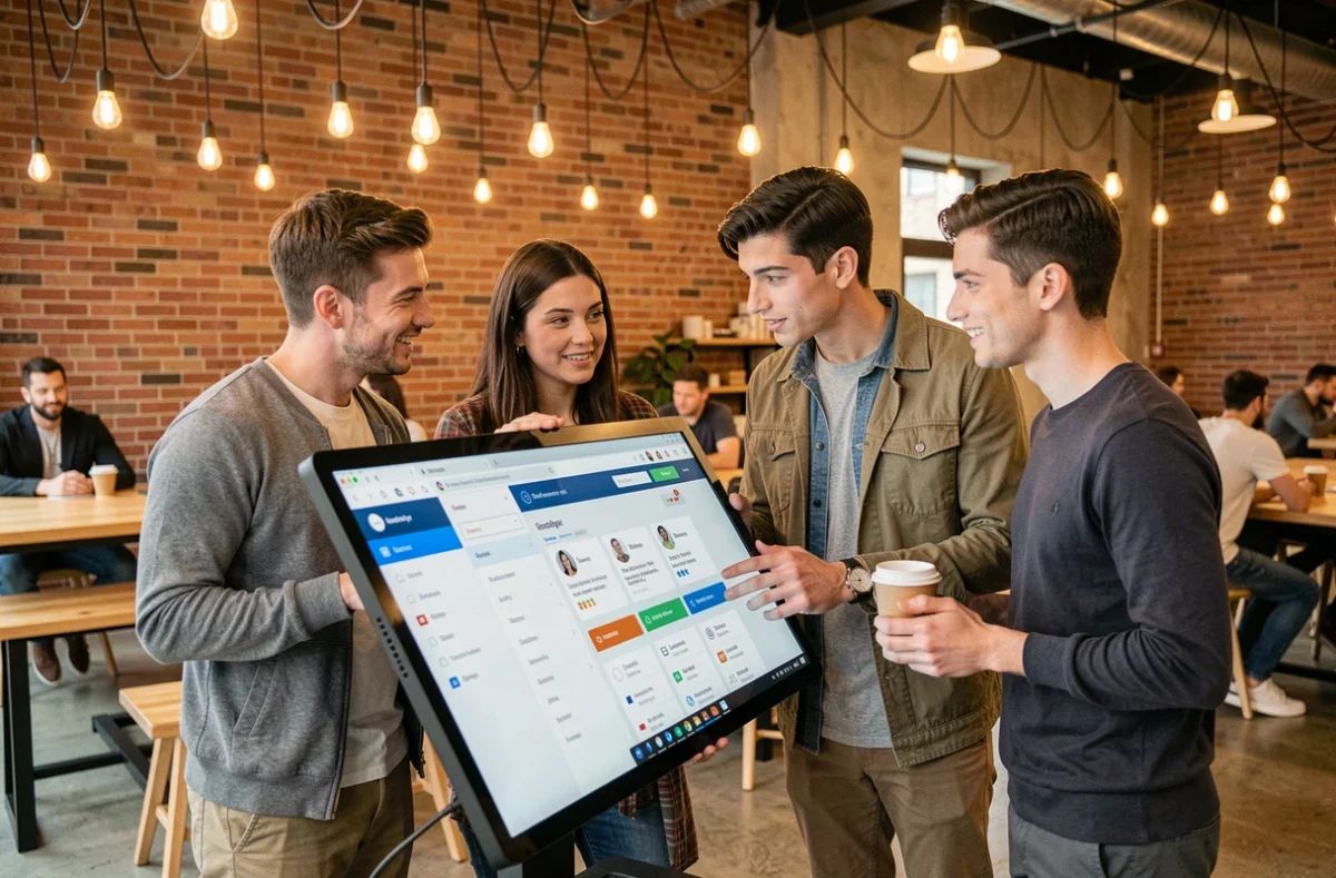 Groupe de jeunes professionnels analysant ensemble une solution de recrutement en ligne dans un espace de coworking