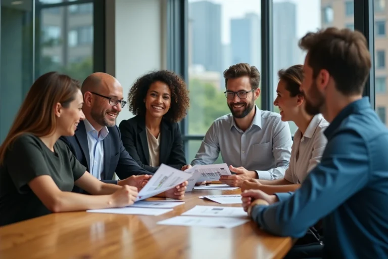 Groupe d'adultes en réunion immobilière en coworking