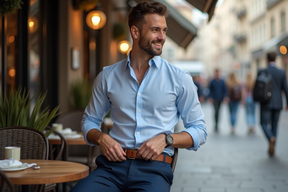 Homme ajustant sa ceinture dans un café en extérieur