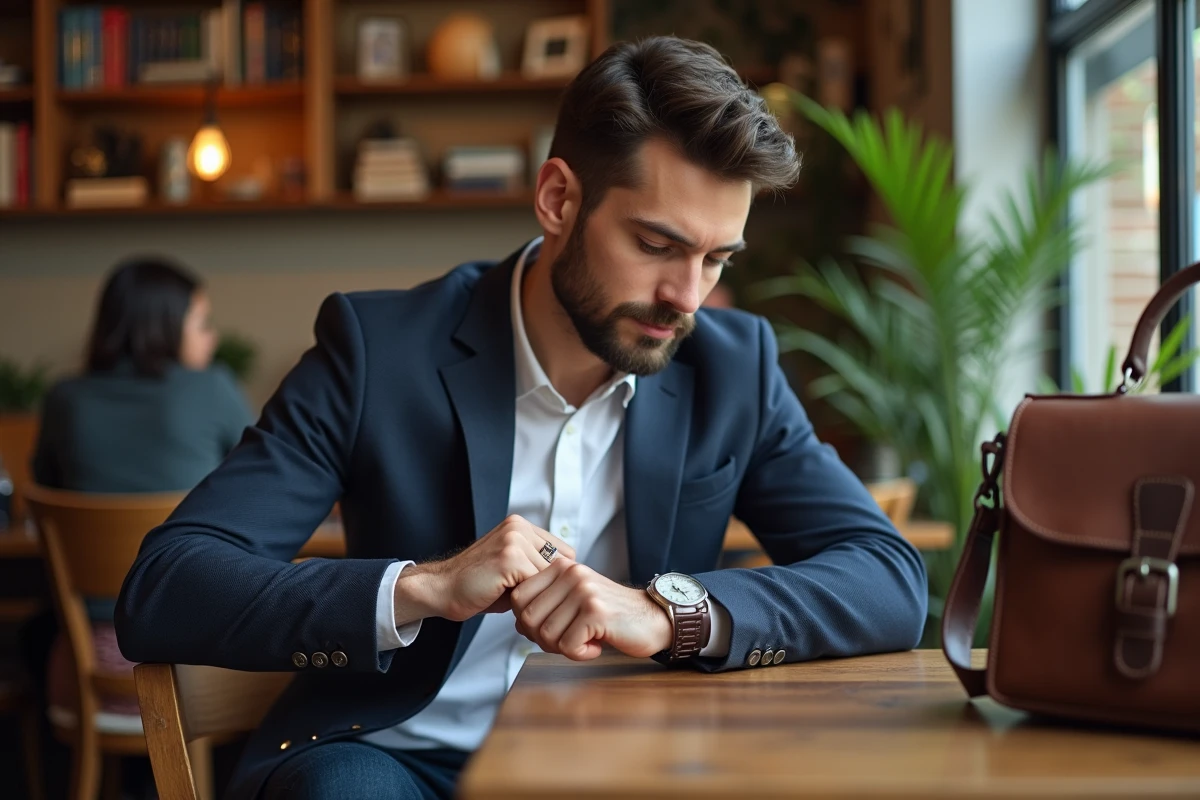 Homme confiant vérifiant sa montre dans un café moderne