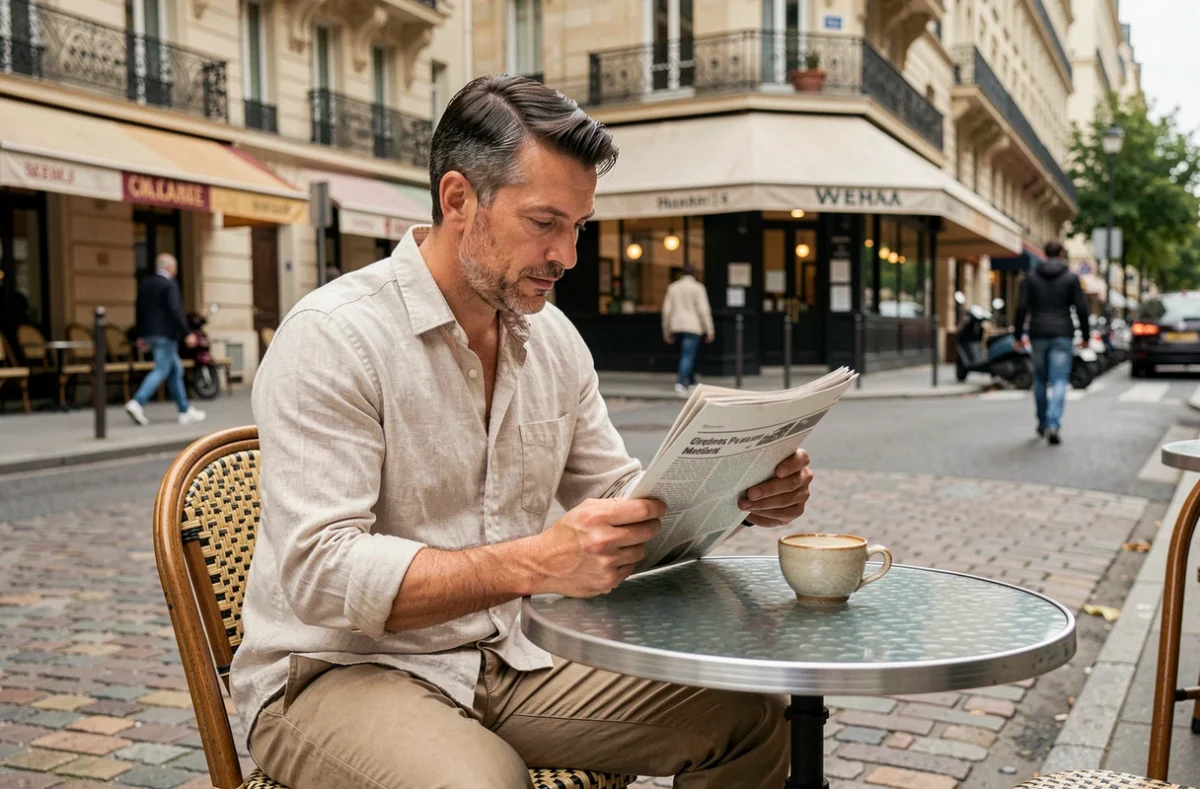Homme lisant le journal en terrasse de café parisien, illustration de la vie quotidienne et des habitudes françaises