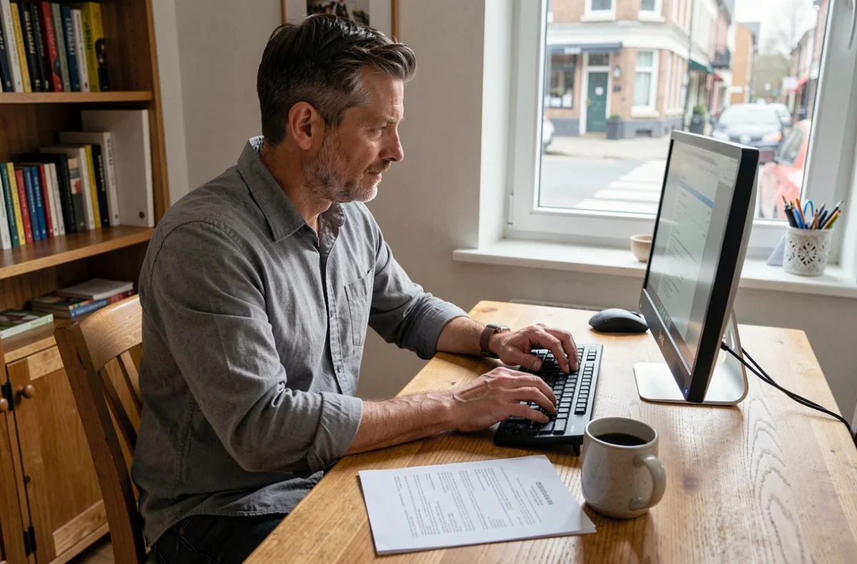 Homme en télétravail recherchant des offres d'emploi en ligne depuis son bureau à domicile avec son ordinateur