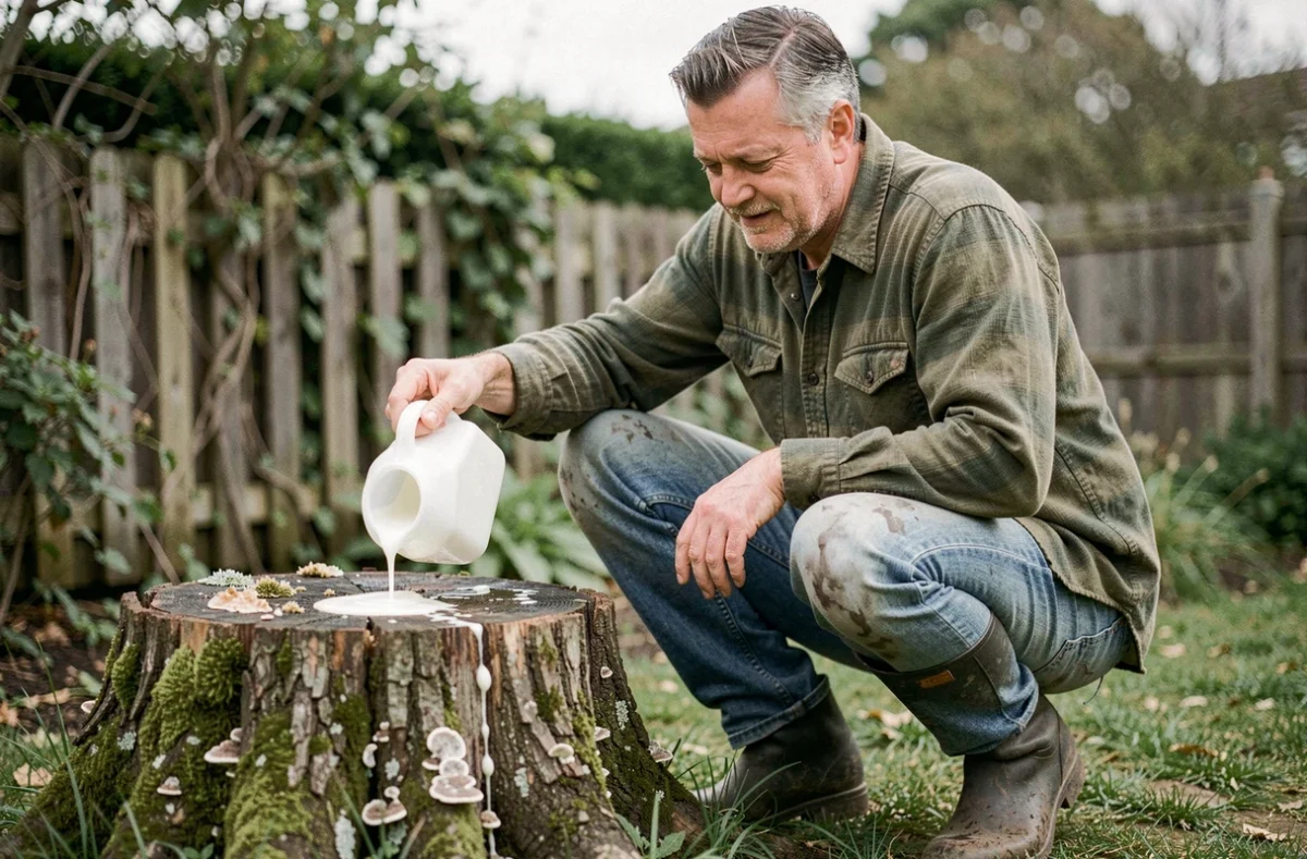 Homme versant du lait ribot sur une souche d'arbre pour accélérer sa décomposition naturelle