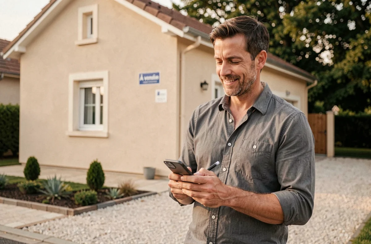 Homme visitant une maison à vendre en banlieue pavillonnaire lors d'un projet d'achat immobilier
