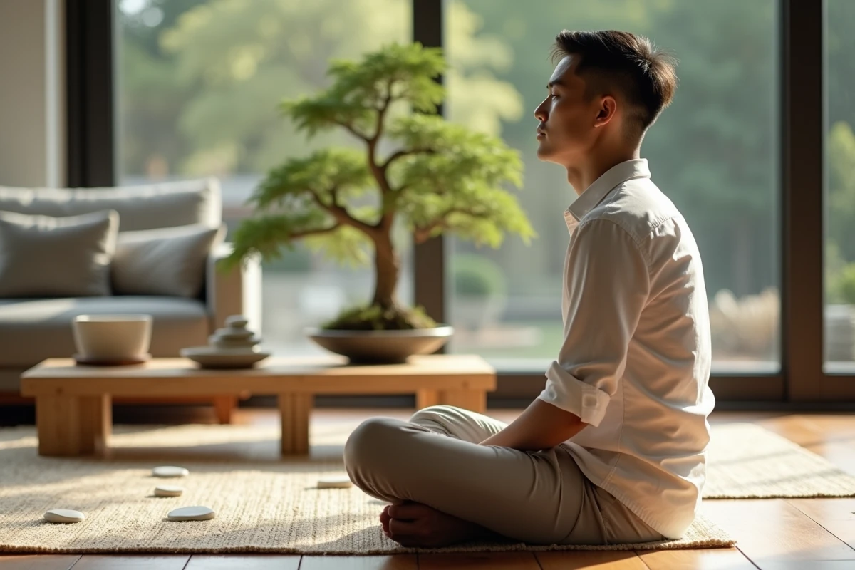 Jeune homme dans un salon zen intérieur calme