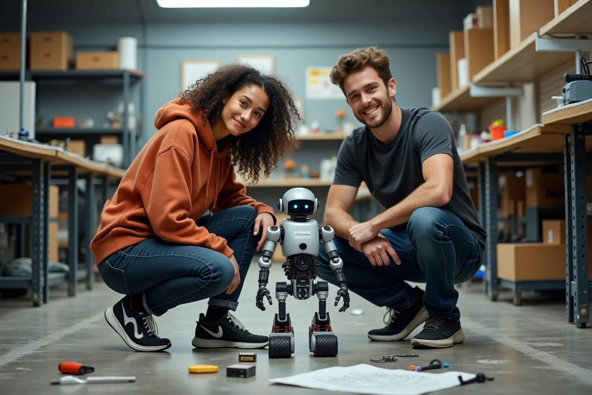 Deux jeunes ingénieurs inspectant un prototype de robot humanoïde dans un laboratoire de robotique universitaire avec des composants électroniques