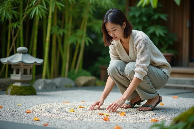 Femme méditant dans un jardin zen japonais serein