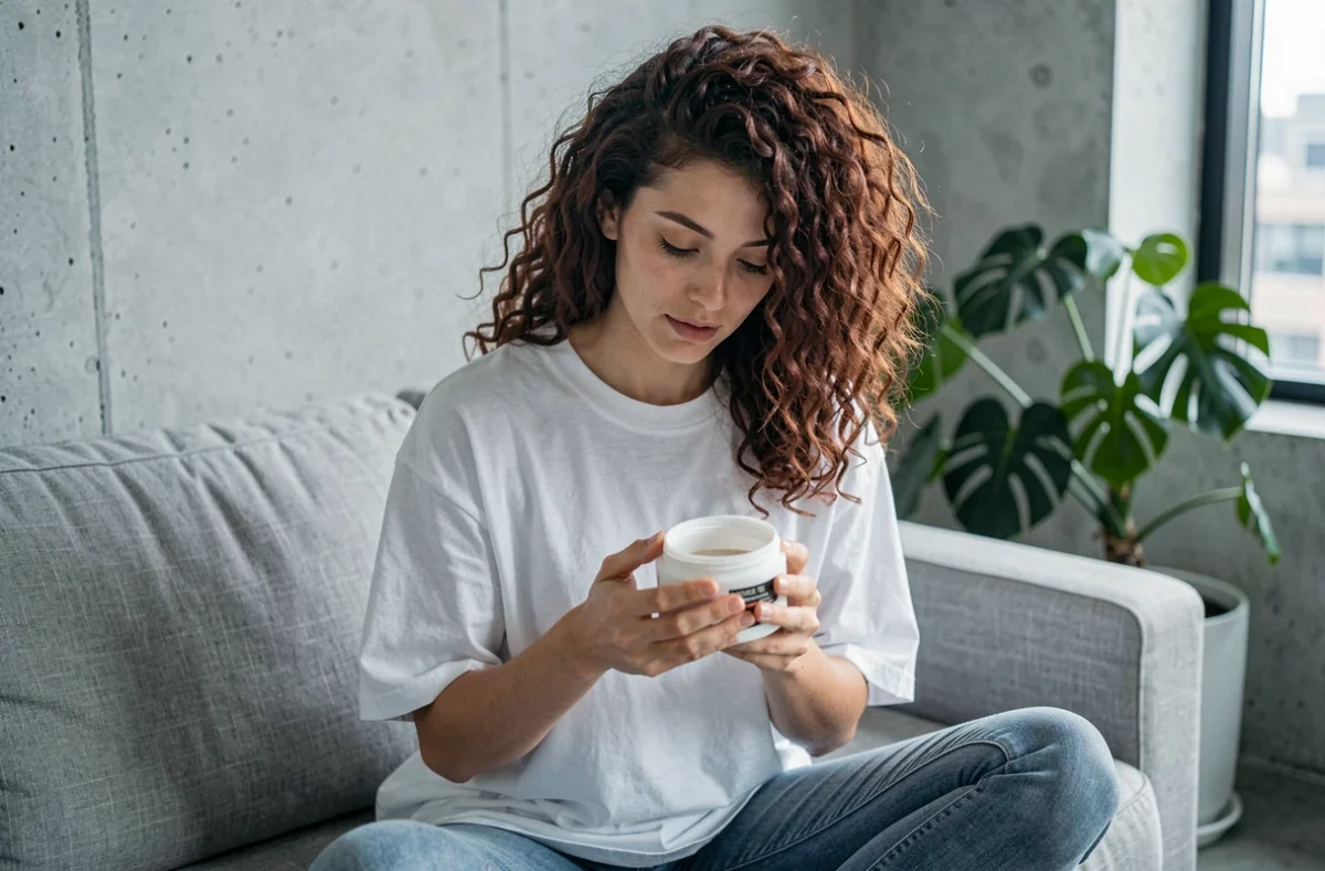 Jeune femme aux cheveux bouclés naturels lisant l'étiquette d'un produit Vermogal dans un appartement minimaliste moderne