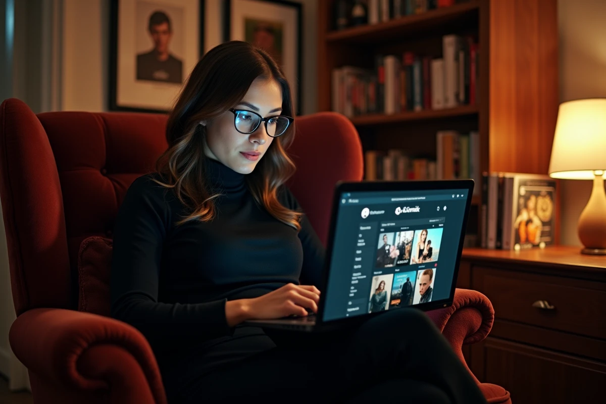 Cinéphile parcourant la sélection gratuite de LaCinetek sur son ordinateur dans un intérieur décoré d'affiches de films