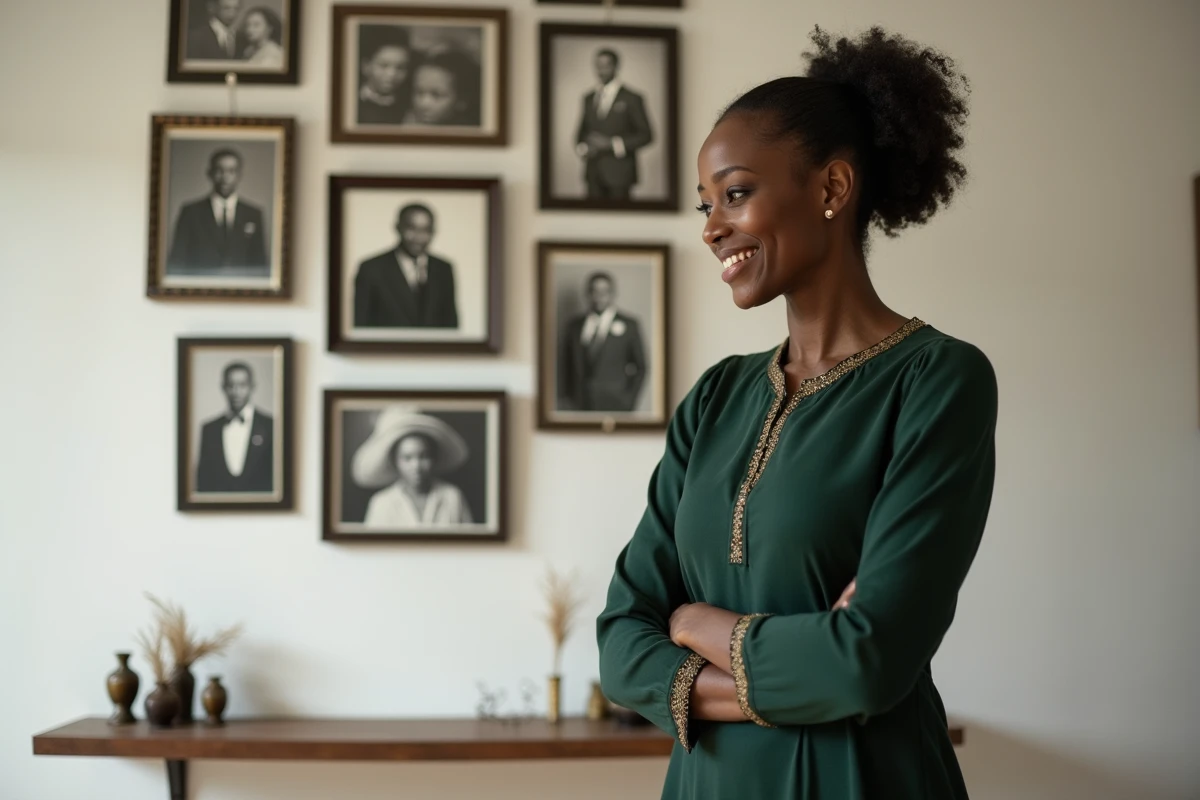 Femme africaine contemplant une galerie de portraits familiaux ancestraux sur un mur blanc, moment introspectif lié à l'identité et aux racines culturelles