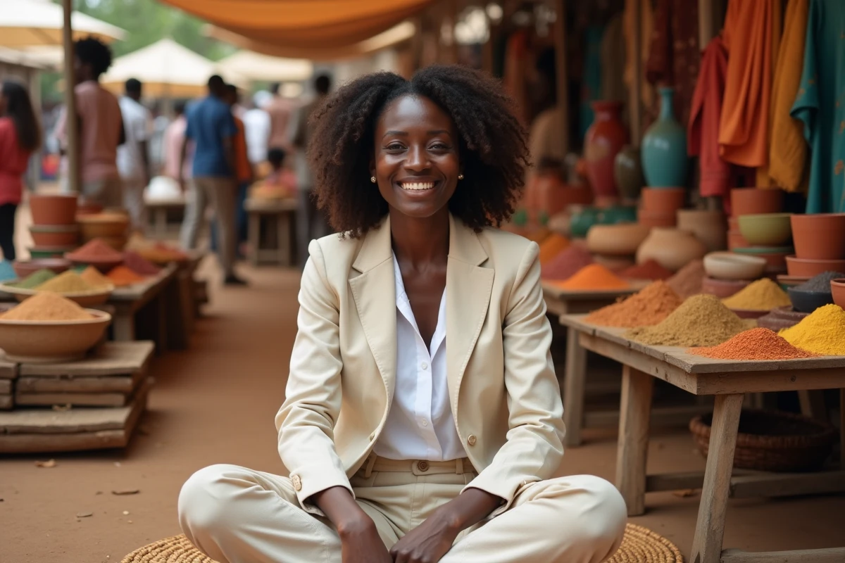 Femme afro-descendante dans un marché artisanal ouest-africain, entourée de tissus et céramiques colorés, ambiance authentique et chaleureuse