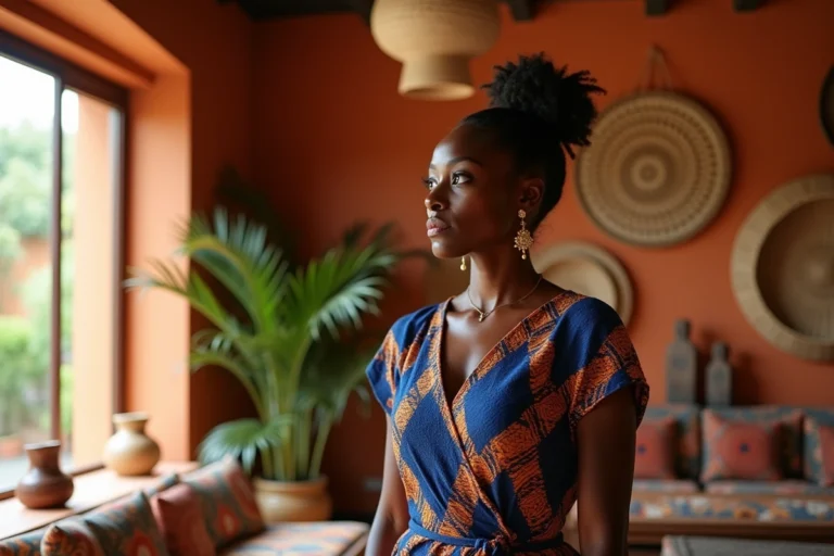 Femme africaine en robe wax dans un intérieur décoré d'objets culturels africains, portrait trois-quarts expressif et élégant