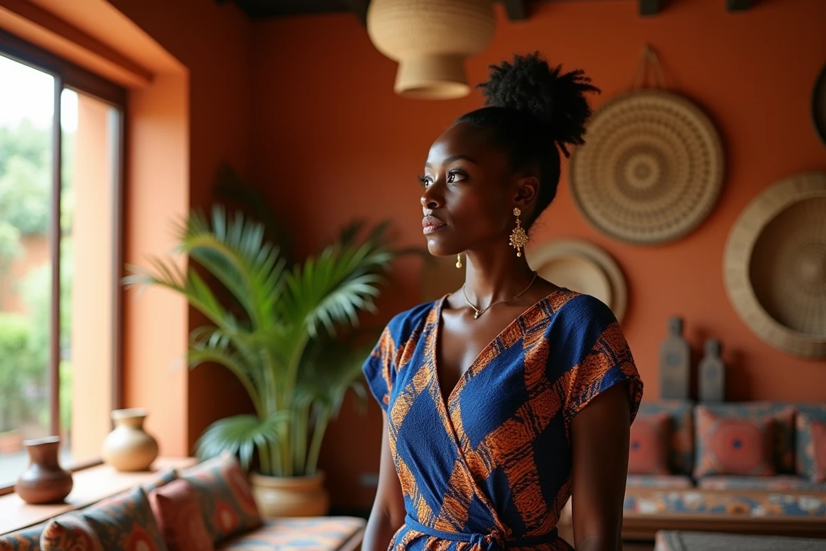 Femme africaine en robe wax dans un intérieur décoré d'objets culturels africains, portrait trois-quarts expressif et élégant