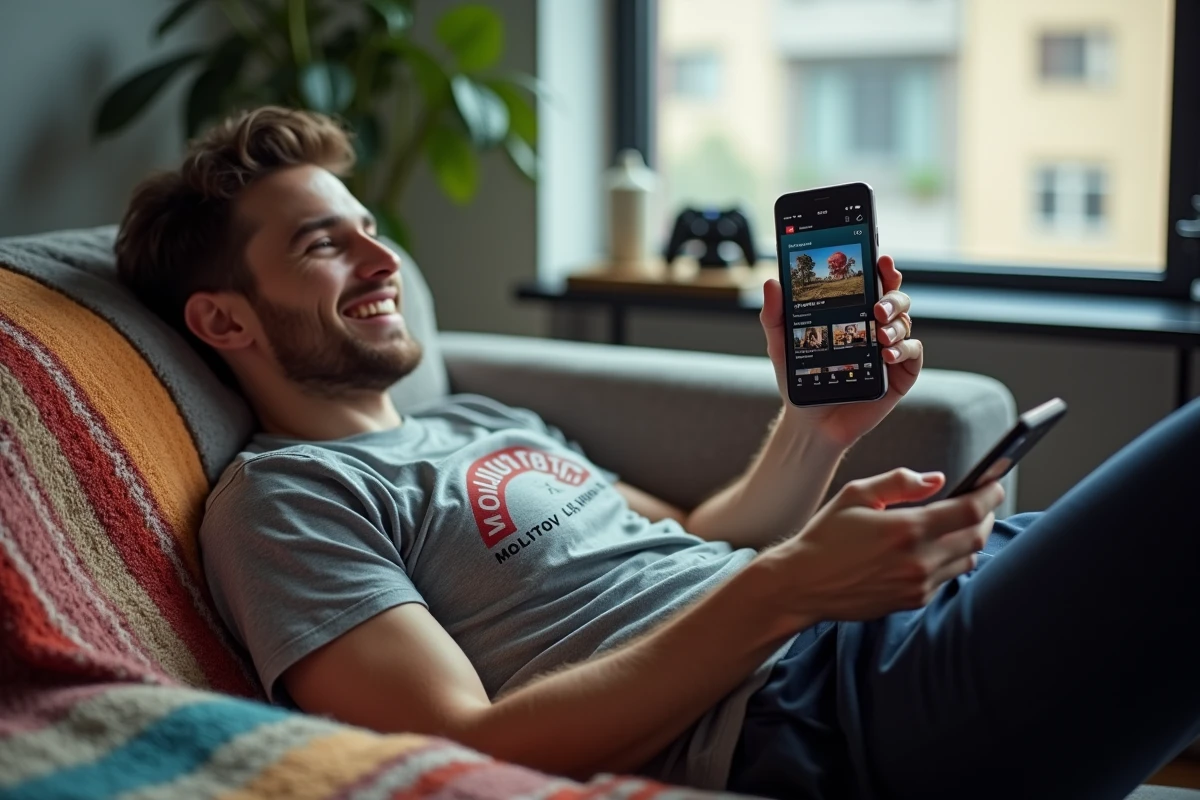 Jeune homme allongé sur un canapé utilisant l'application Molotov sur son smartphone avec la grille des chaînes gratuites