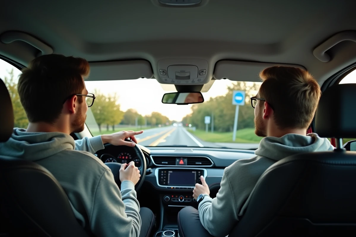 Jeune homme avec son moniteur d'auto-école dans une voiture, apprenant les panneaux de signalisation routière