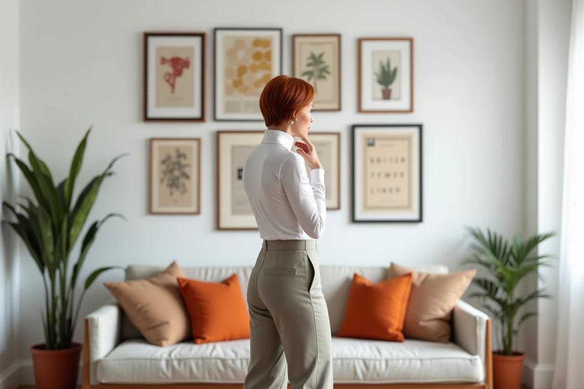 Femme contemplant un mur galerie soigneusement composé dans un appartement au style scandinave épuré et inspirant