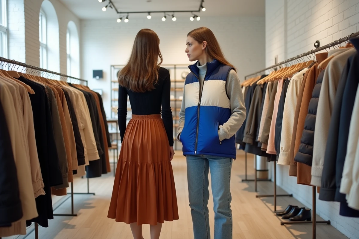 Deux femmes découvrant les nouvelles tendances mode de saison dans une boutique parisienne au décor minimaliste