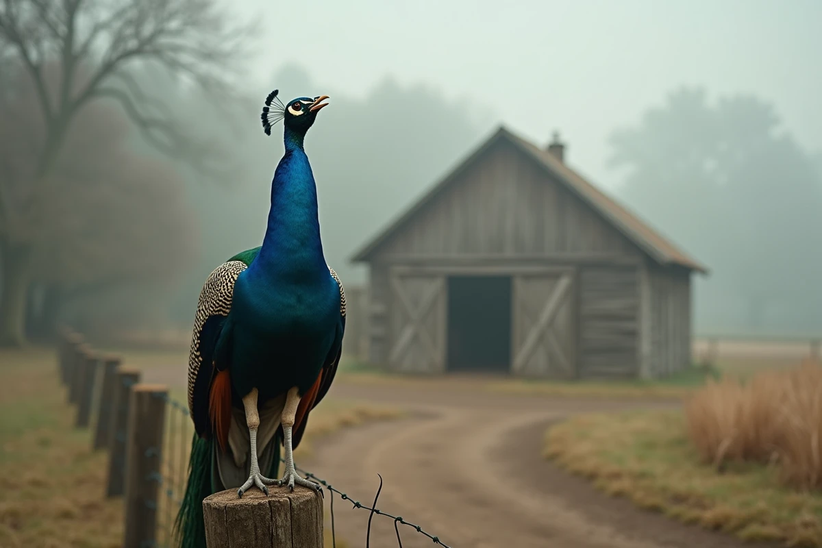 Paon perché sur une clôture en bois dans une ferme rurale, bec ouvert lors d'un cri territorial au petit matin