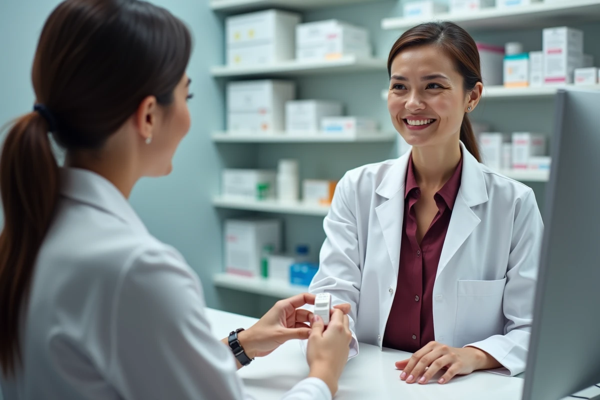 Pharmacienne remettant une boîte de médicament contre les nausées à une patiente au comptoir d'une pharmacie