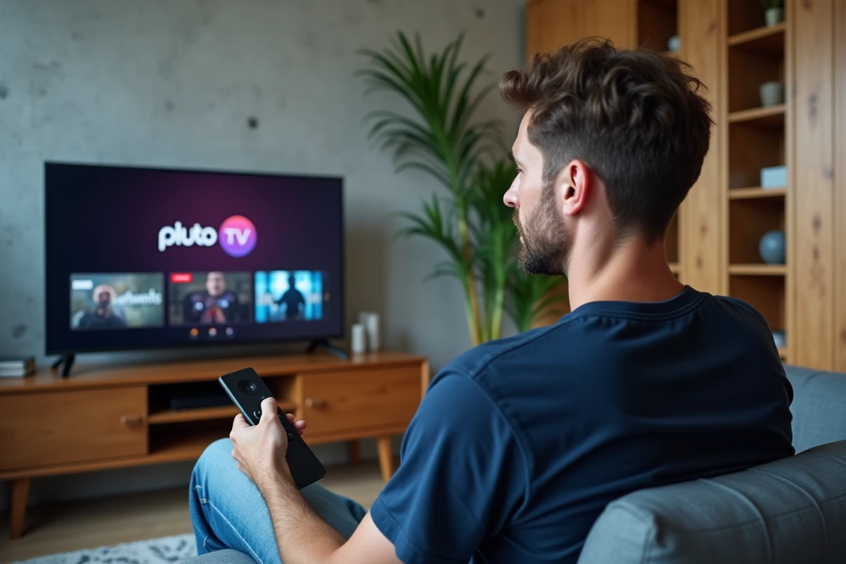 Homme regardant Pluto TV sur son téléviseur dans un salon contemporain, tenant une télécommande