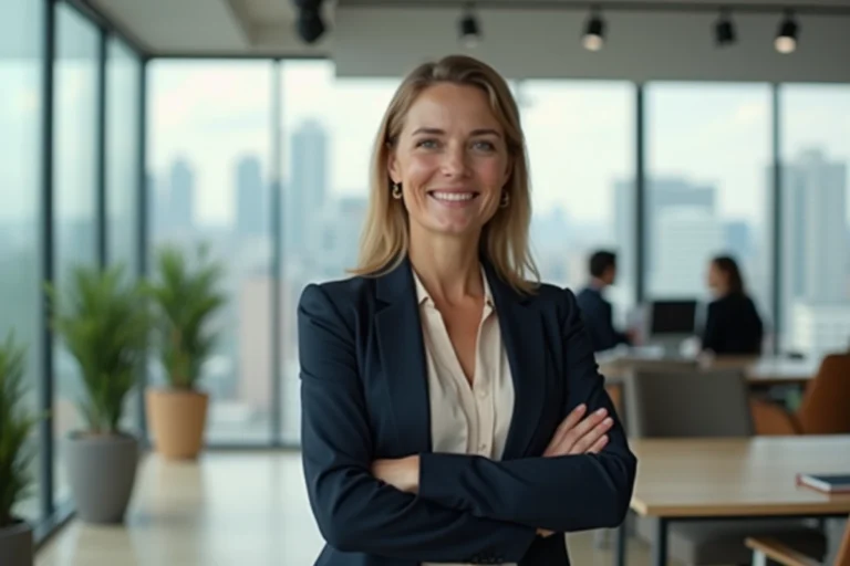 Portrait professionnel d'une femme cadre en blazer marine dans un bureau moderne, symbolisant le parcours inspirant de Clara Pésery