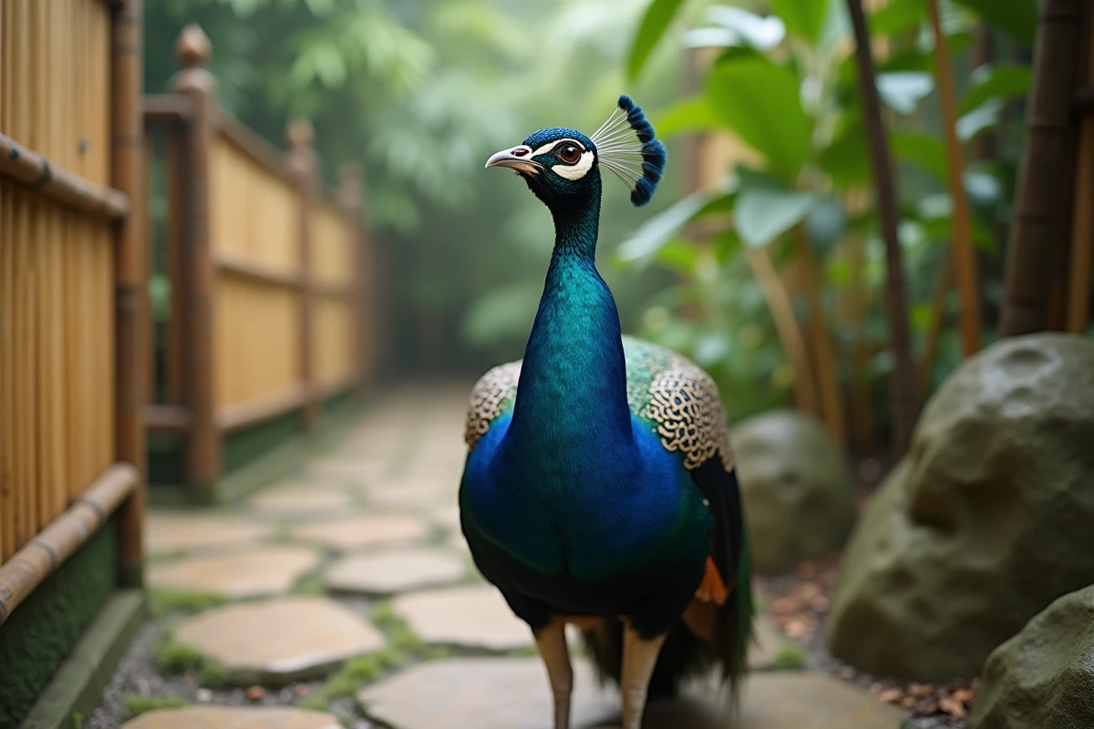 Portrait en gros plan d'un paon au zoo vocalisant sur un sentier moussu, détails du plumage bleu-vert et de la crête visibles
