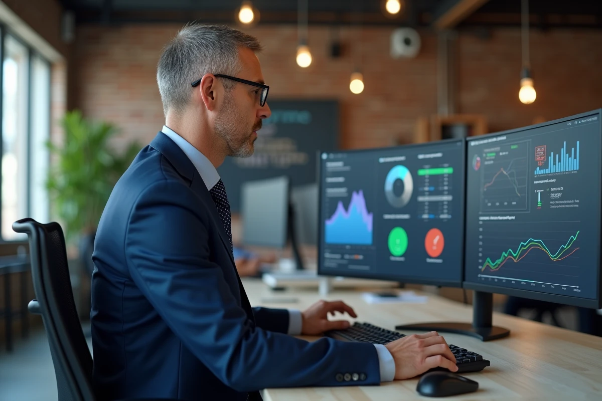 Homme d'affaires en costume marine interagissant avec un écran incurvé affichant des interfaces d'intelligence artificielle dans un bureau moderne