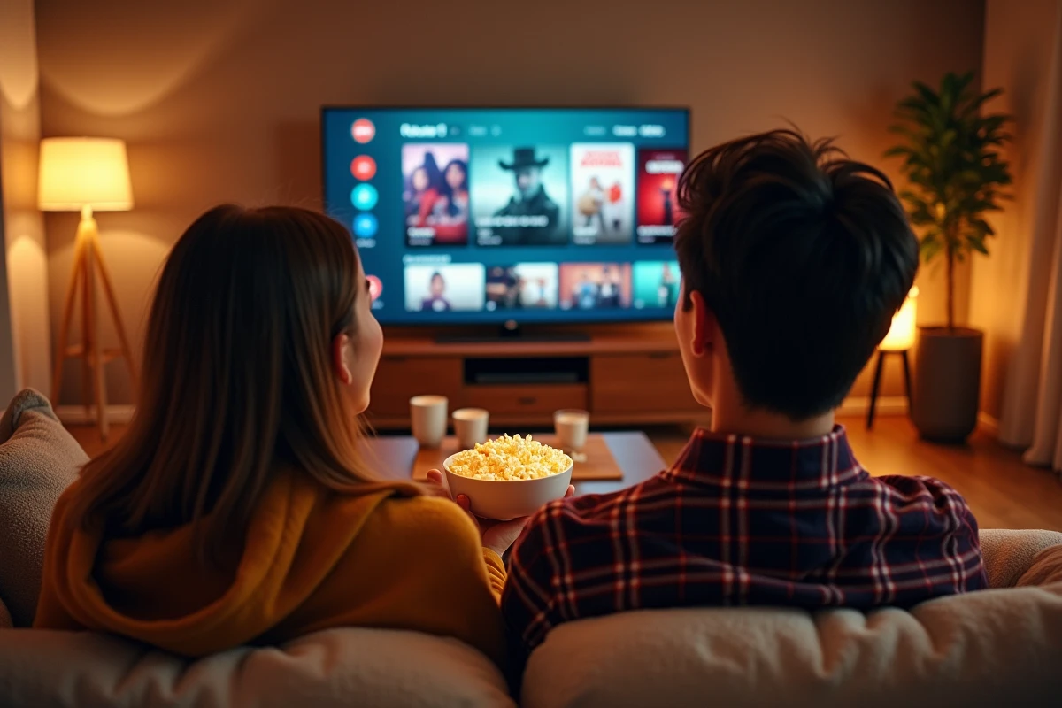 Couple regardant la section gratuite de Rakuten TV ensemble sur leur canapé avec un bol de popcorn
