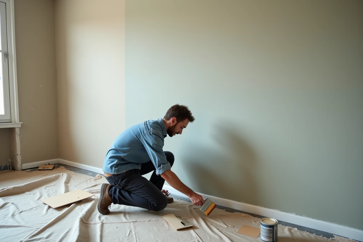 Homme en train de peindre un mur d'accent dans un salon en rénovation pour transformer son intérieur en espace inspirant