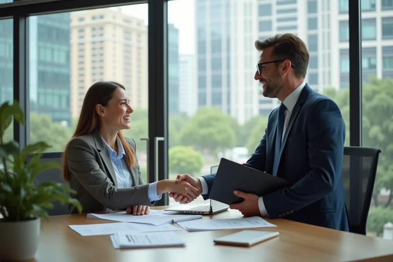 Femme souriante en réunion d'affaires avec un homme en costume