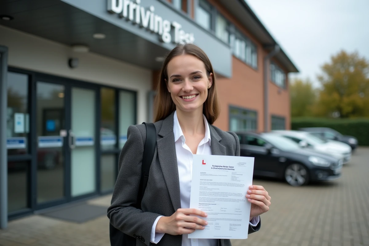 Jeune femme souriante tenant son permis de conduire devant un centre d'examen après avoir obtenu 31 sur 31