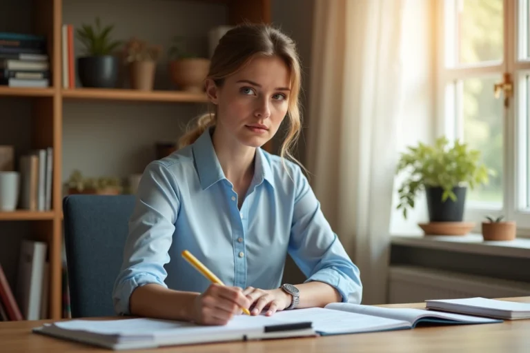 Jeune femme qui révise le code de la route à son bureau avec un manuel ouvert et un surligneur