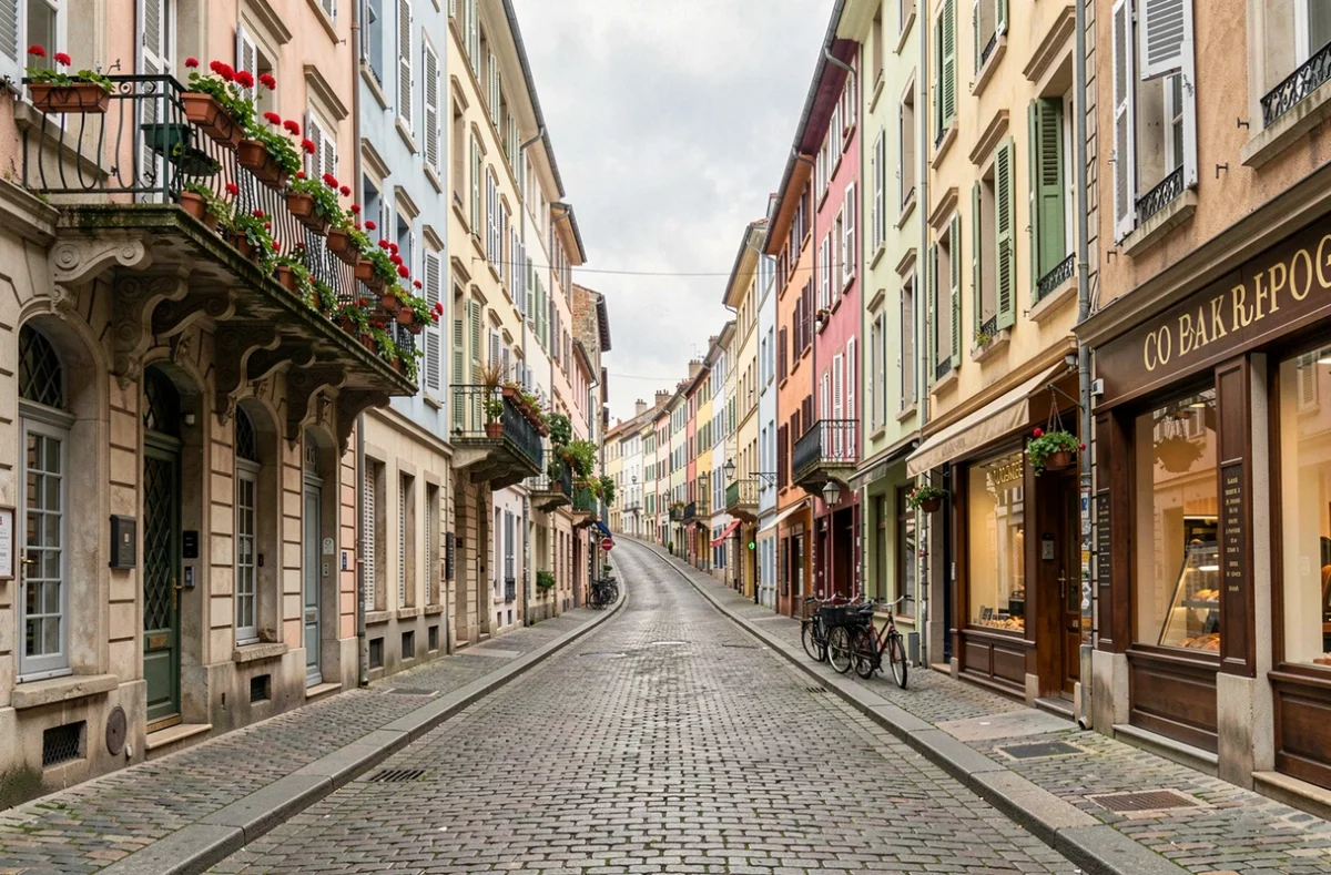 Rue typique du quartier de la Croix-Rousse à Lyon avec immeubles anciens et commerces de proximité