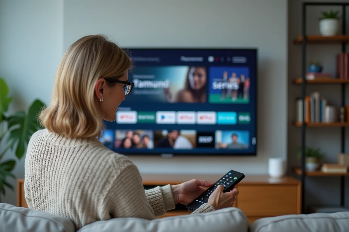 Femme d'âge moyen regardant Samsung TV Plus avec la grille de chaînes affichée sur un téléviseur Samsung dans son salon