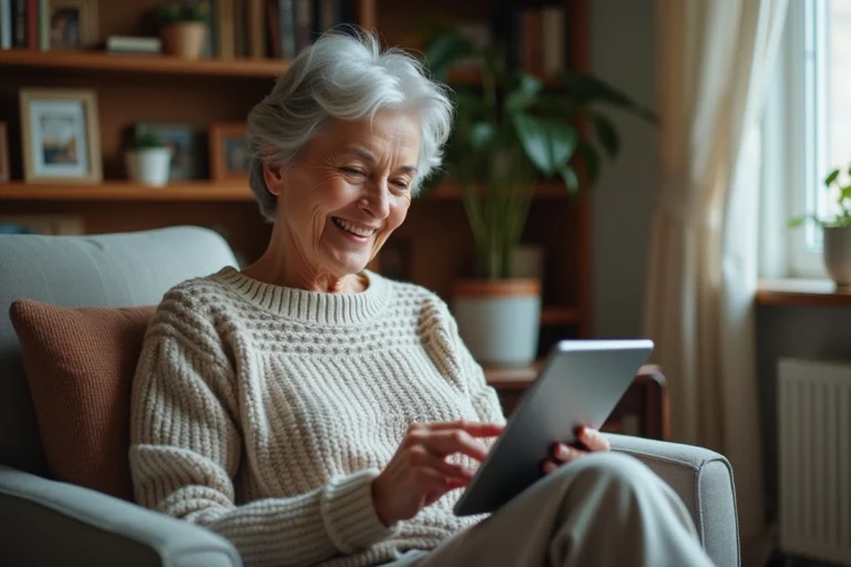 Femme senior souriante utilisant une application santé sur sa tablette