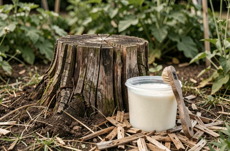 Souche d'arbre ancienne dans un jardin avec un pot de lait ribot et une brosse pour traitement naturel