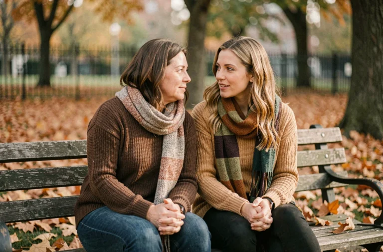 Deux femmes partageant un moment de soutien émotionnel sur un banc de parc en automne, illustrant l'importance du soutien social affectif pour le bien-être quotidien