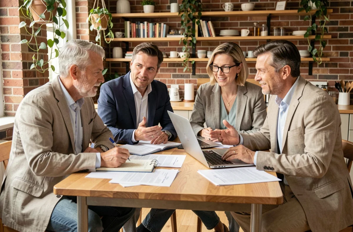 Groupe d'adultes réunis autour d'une table pour s'apporter un soutien pratique et informationnel, représentant le soutien social instrumental dans un cadre convivial