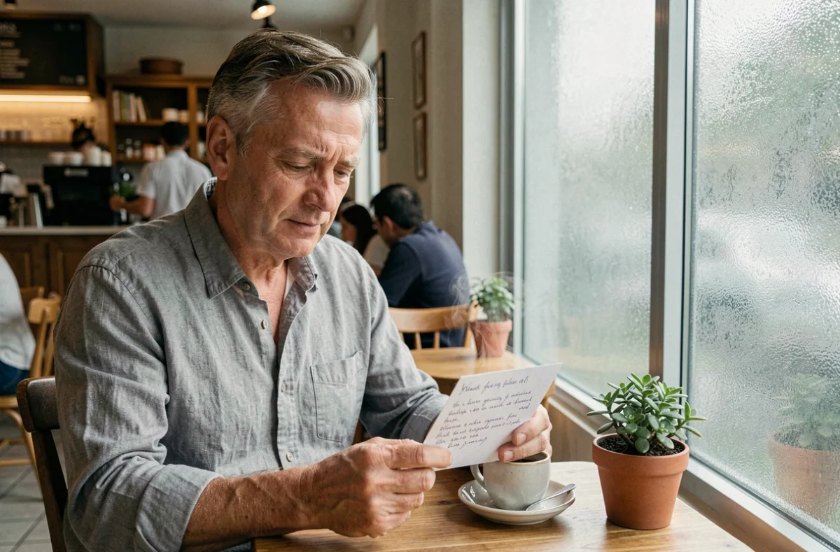 Homme lisant une carte bienveillante dans un café, symbolisant le soutien social émotionnel et la reconnaissance interpersonnelle comme facteurs de bien-être au quotidien