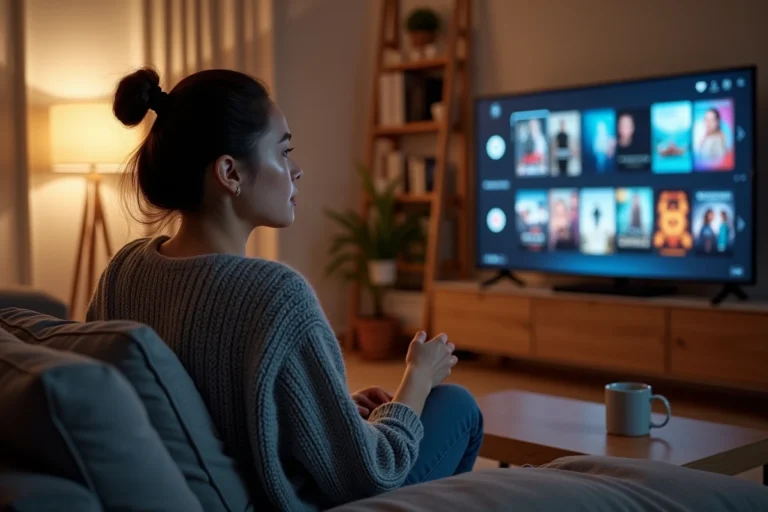 Jeune femme assise sur un canapé dans son salon, regardant une interface de streaming sur un grand écran plat avec des séries à choisir