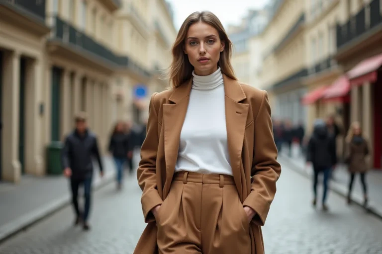 Femme portant un blazer camel oversize et un pantalon taille haute beige dans une rue parisienne pavée, look tendance automne-hiver
