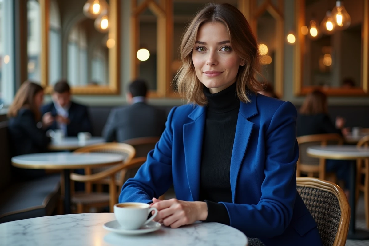 Femme élégante en manteau bleu cobalt structuré et jupe en tweed charbon assise dans un café parisien, tendance mode chic et sophistiquée