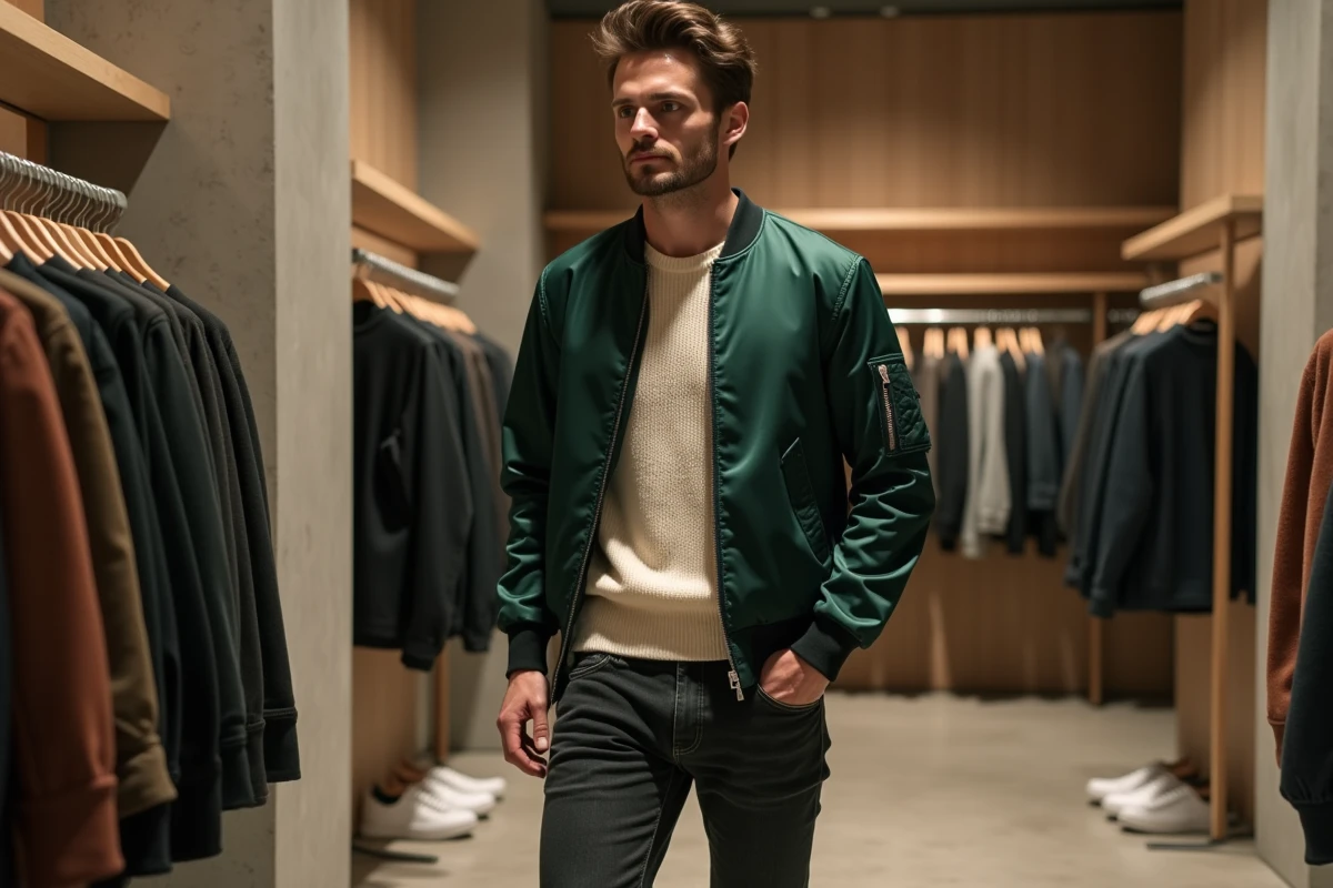 Homme en bomber vert forêt et pull côtelé crème dans un concept store moderne, tendances mode masculine de saison