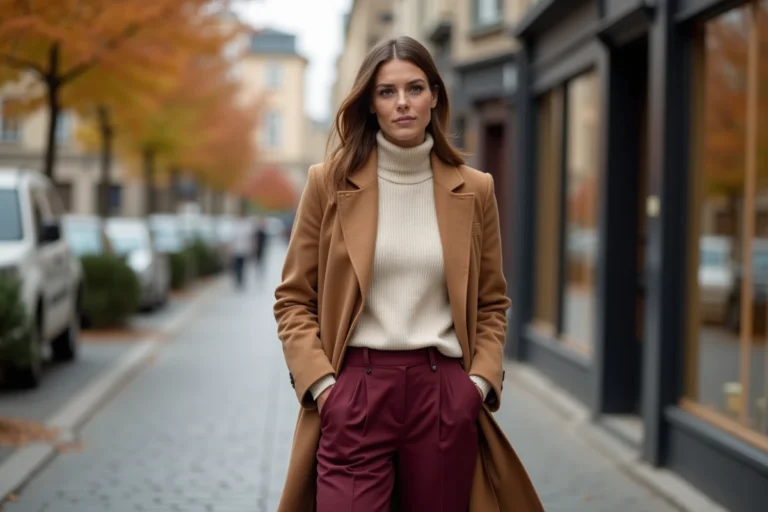 Femme élégante portant un manteau en laine camel et un pantalon bordeaux dans une rue pavée européenne en automne