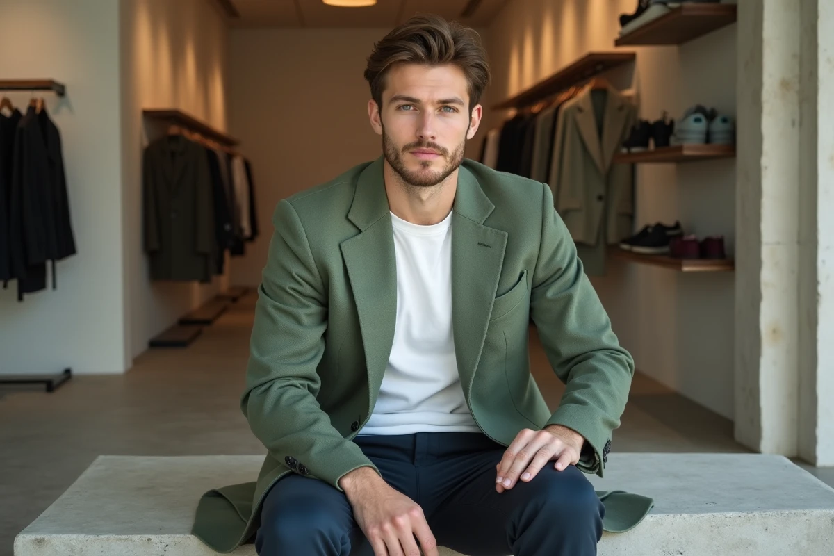 Homme en blazer vert sauge et chino marine assis dans un concept store moderne aux tendances mode masculines