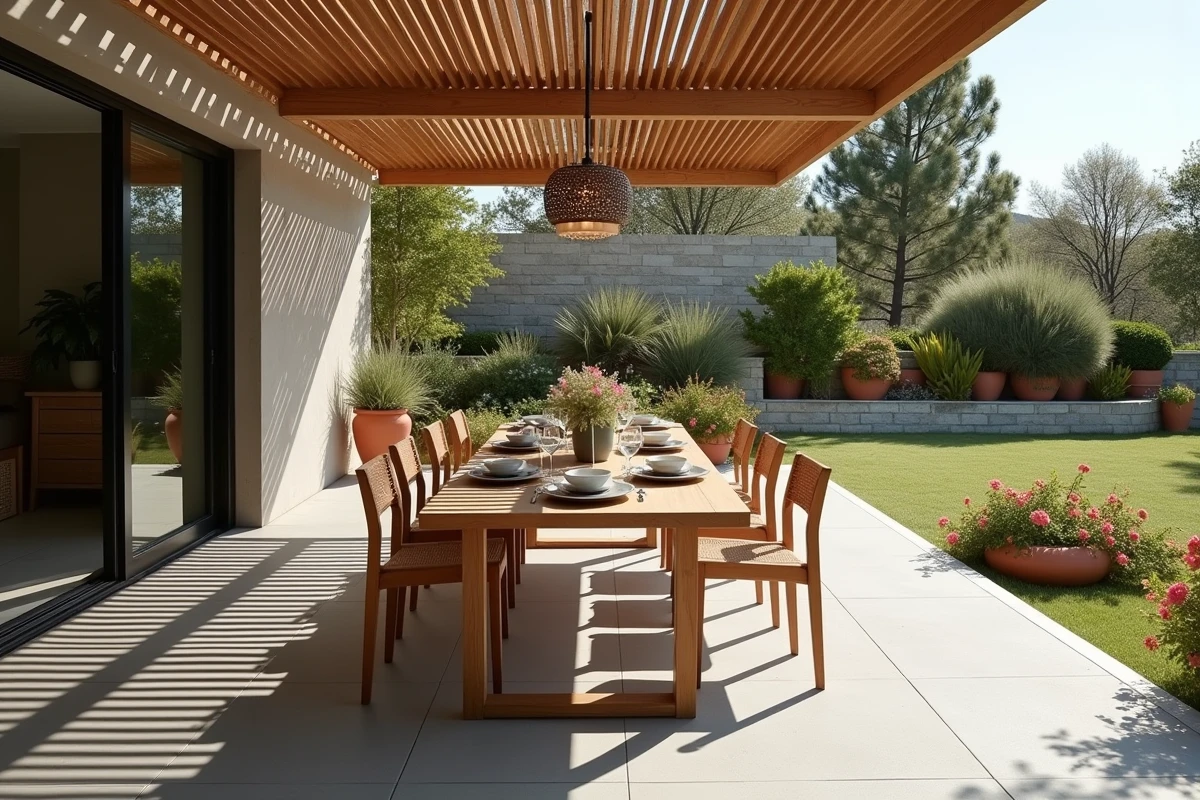 Terrasse extérieure moderne aménagée avec mobilier en teck, plantes fleuries et pergola en bois pour l'été