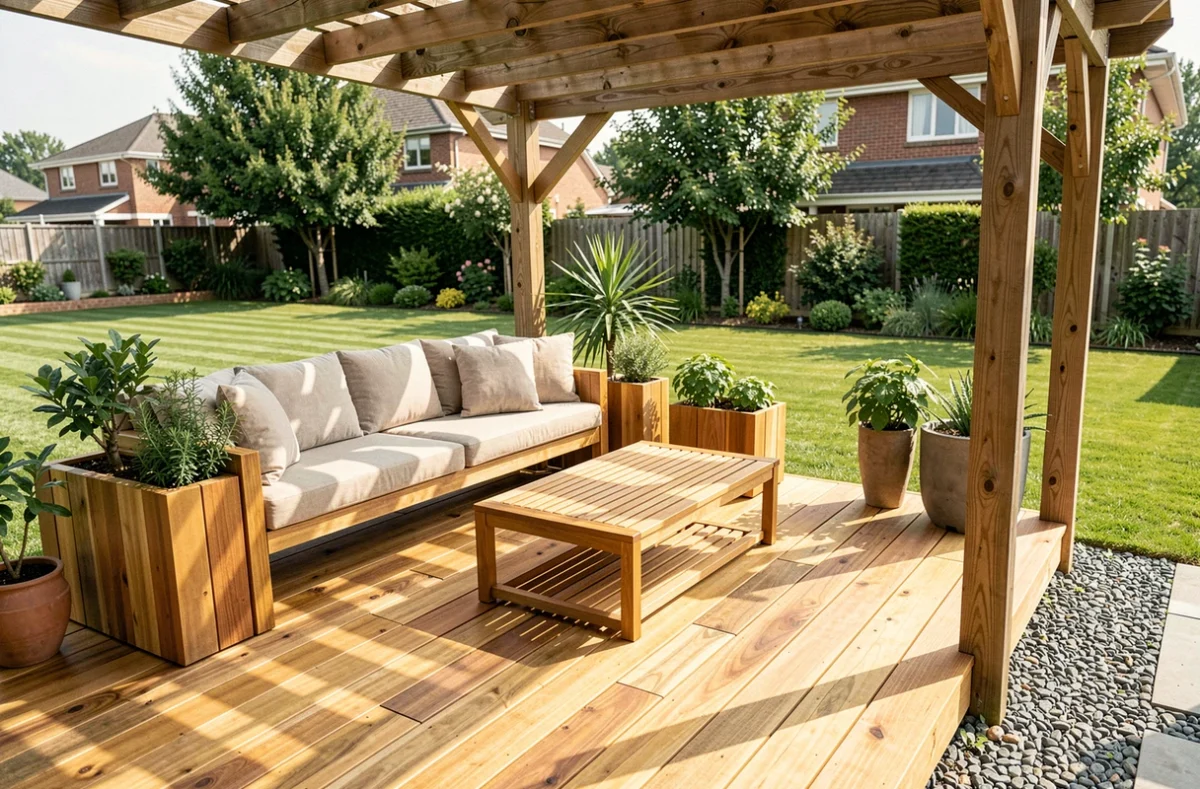 Terrasse en bois de teck avec mobilier artisanal et jardin verdoyant en arrière-plan