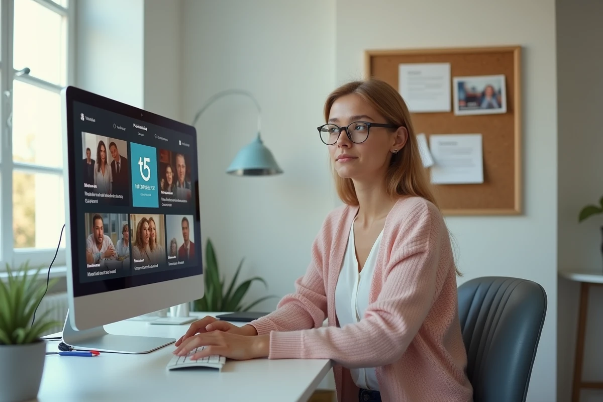 Femme regardant TV5MondePlus sur son ordinateur de bureau dans un bureau à domicile organisé