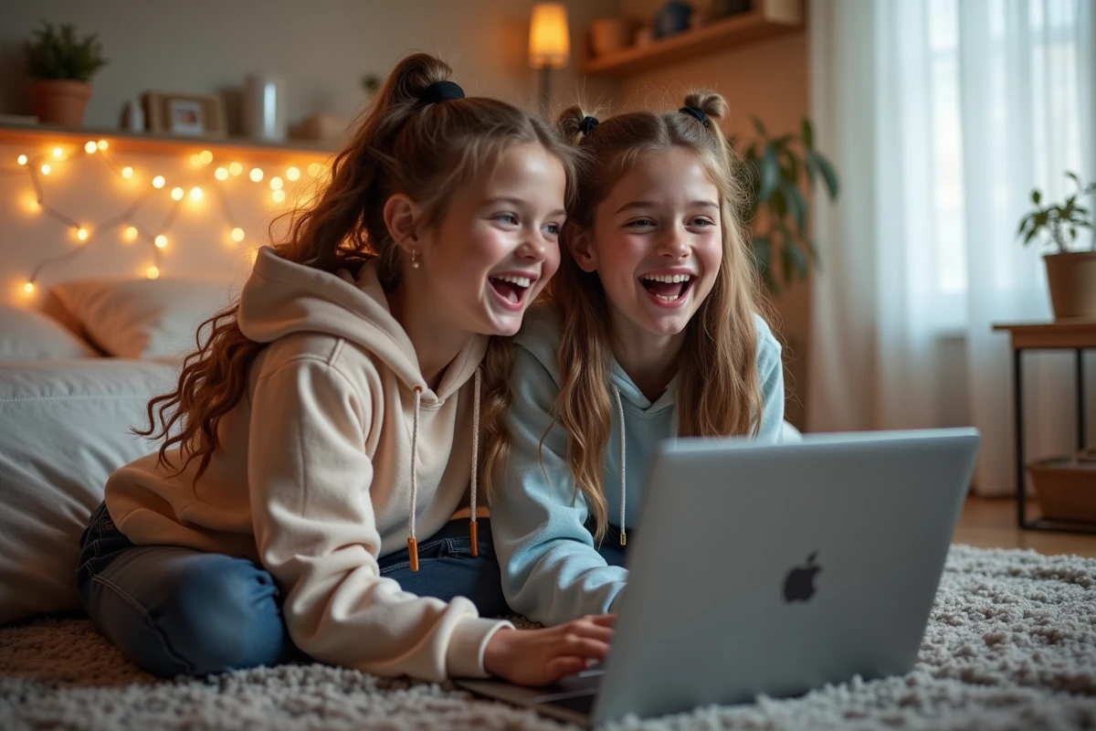 Deux jeunes femmes regardant des chaînes officielles sur YouTube depuis un ordinateur portable dans une chambre cosy